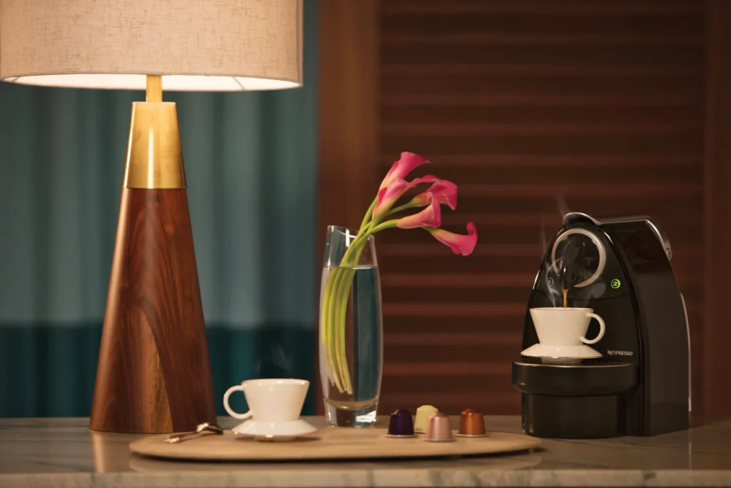 In-room Nespresso coffee machine in Junior Suite Partial Ocean View at Secrets Maroma Beach Riviera Cancun.
