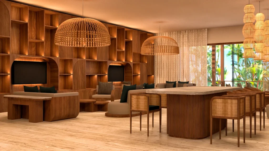 Contemporary wood-accented lobby interior at Secrets Maroma Beach Riviera Cancun with warm lighting and tropical views.
