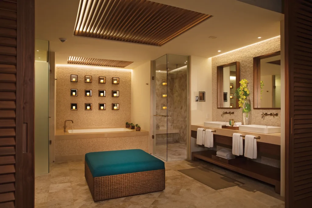 Preferred Club Honeymoon Suite bathroom with hot tub for two at Secrets Maroma Beach Riviera Cancun.