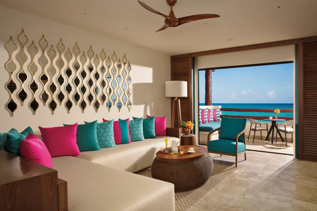 Preferred Club Honeymoon Suite separate living area with ocean view at Secrets Maroma Beach Riviera Cancun.