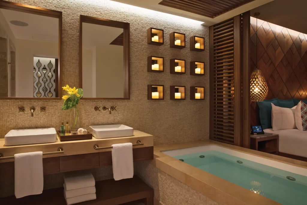 Preferred Club Junior Suite Swim Out bathroom with hot tub for two at Secrets Maroma Beach Riviera Cancun.