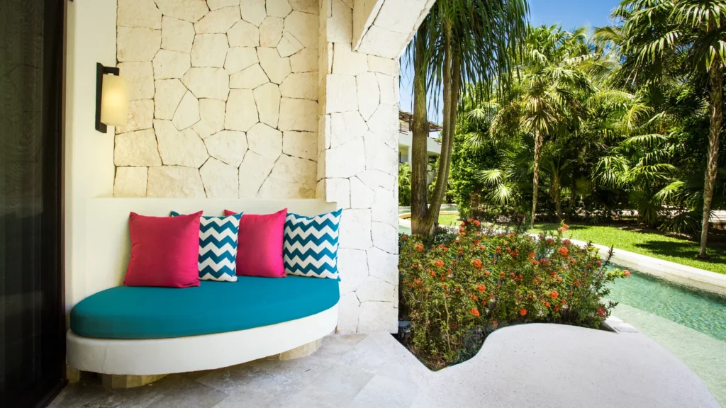 Preferred Club Junior Suite Swim Out terrace with direct pool access at Secrets Maroma Beach Riviera Cancun.