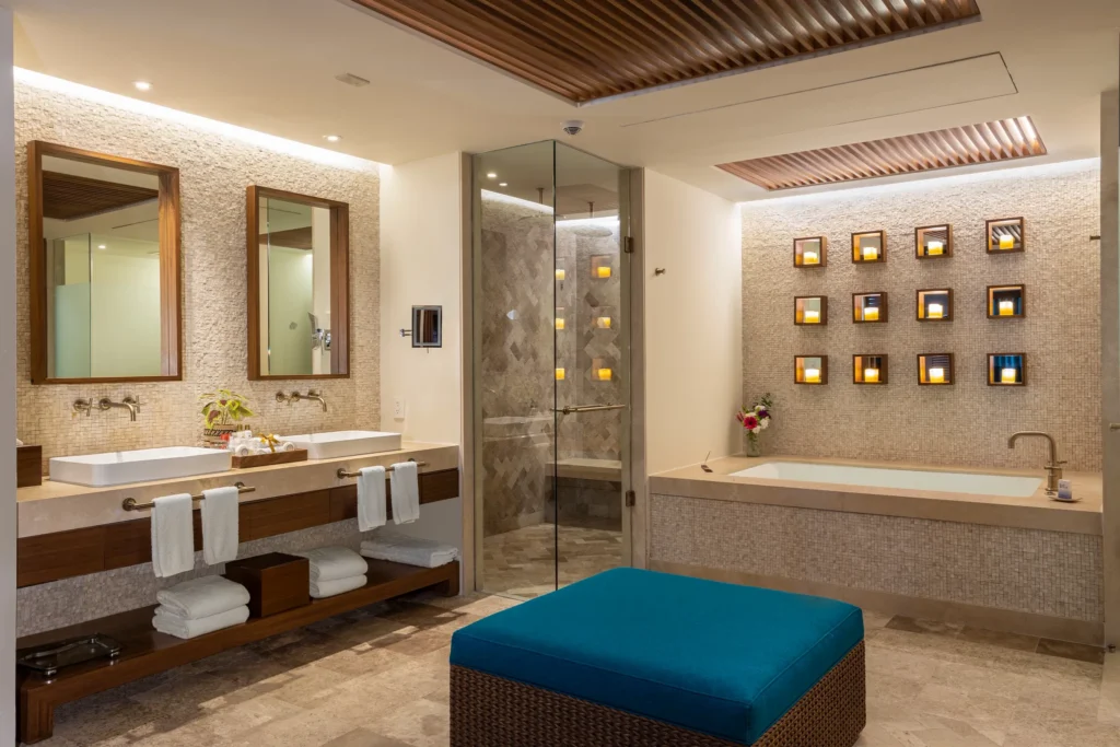 Preferred Club Ocean Front Swim Out Governor Suite bathroom with hot tub for two at Secrets Maroma Beach Riviera Cancun.