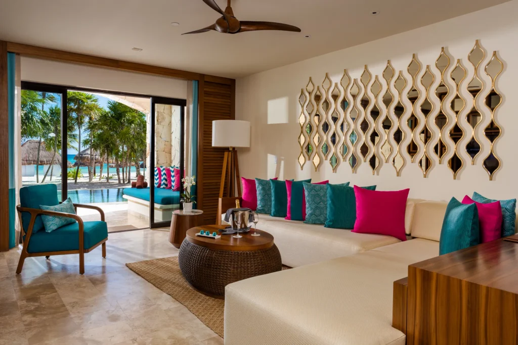 Preferred Club Ocean Front Swim Out Governor Suite living area at Secrets Maroma Beach Riviera Cancun.