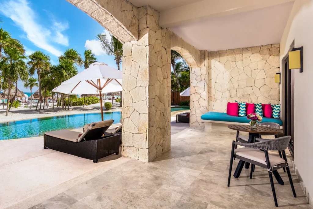 Preferred Club Ocean Front Swim Out Governor Suite private oceanfront terrace at Secrets Maroma Beach Riviera Cancun.
