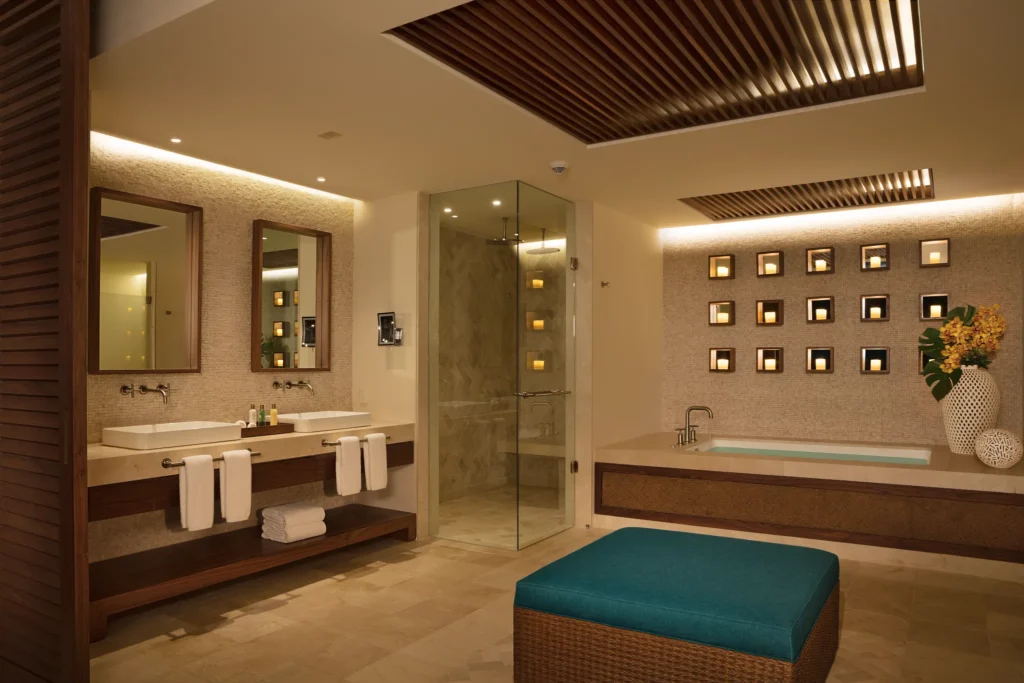 Presidential Suite Swim Out bathroom with hot tub for two at Secrets Maroma Beach Riviera Cancun.