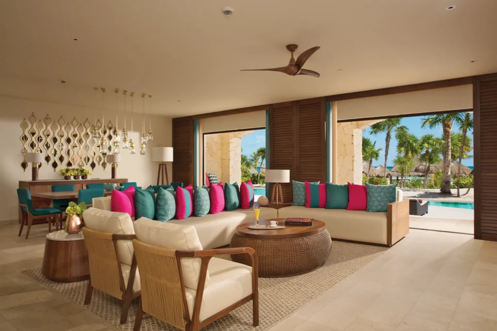 Presidential Suite Swim Out living room at Secrets Maroma Beach Riviera Cancun with oceanfront views.