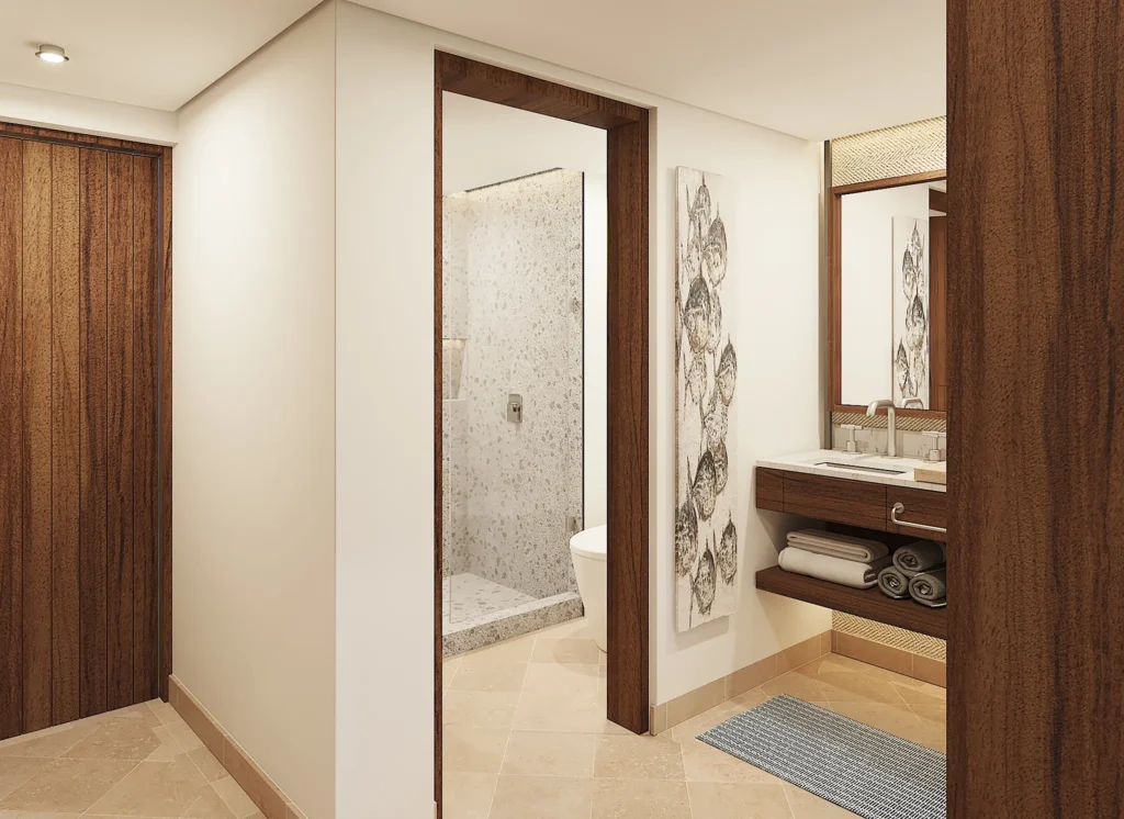Deluxe Tropical View Balcony bathroom with walk-in shower and modern vanity at Secrets Mirabel Cancun Resort & Spa.