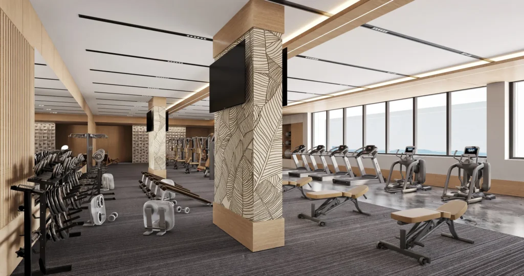 Modern fitness center with cardio equipment and ocean views at Secrets Mirabel Cancun Resort & Spa in Cancun.