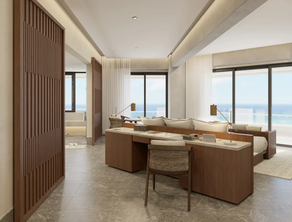 Spacious interior workspace and king bedroom in the Preferred Club Master Suite Ocean Front at Secrets Mirabel Cancun Resort & Spa.