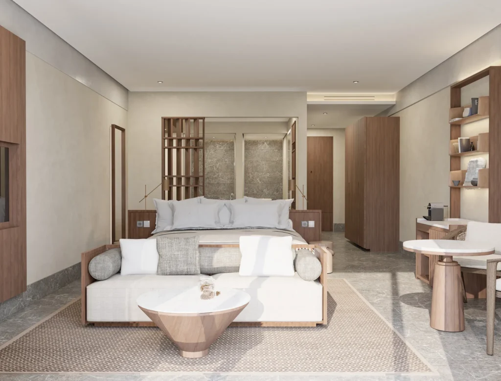 Preferred Club Ocean Front Plunge Pool Terrace suite with king bed and elegant seating area at Secrets Mirabel Cancun Resort & Spa.
