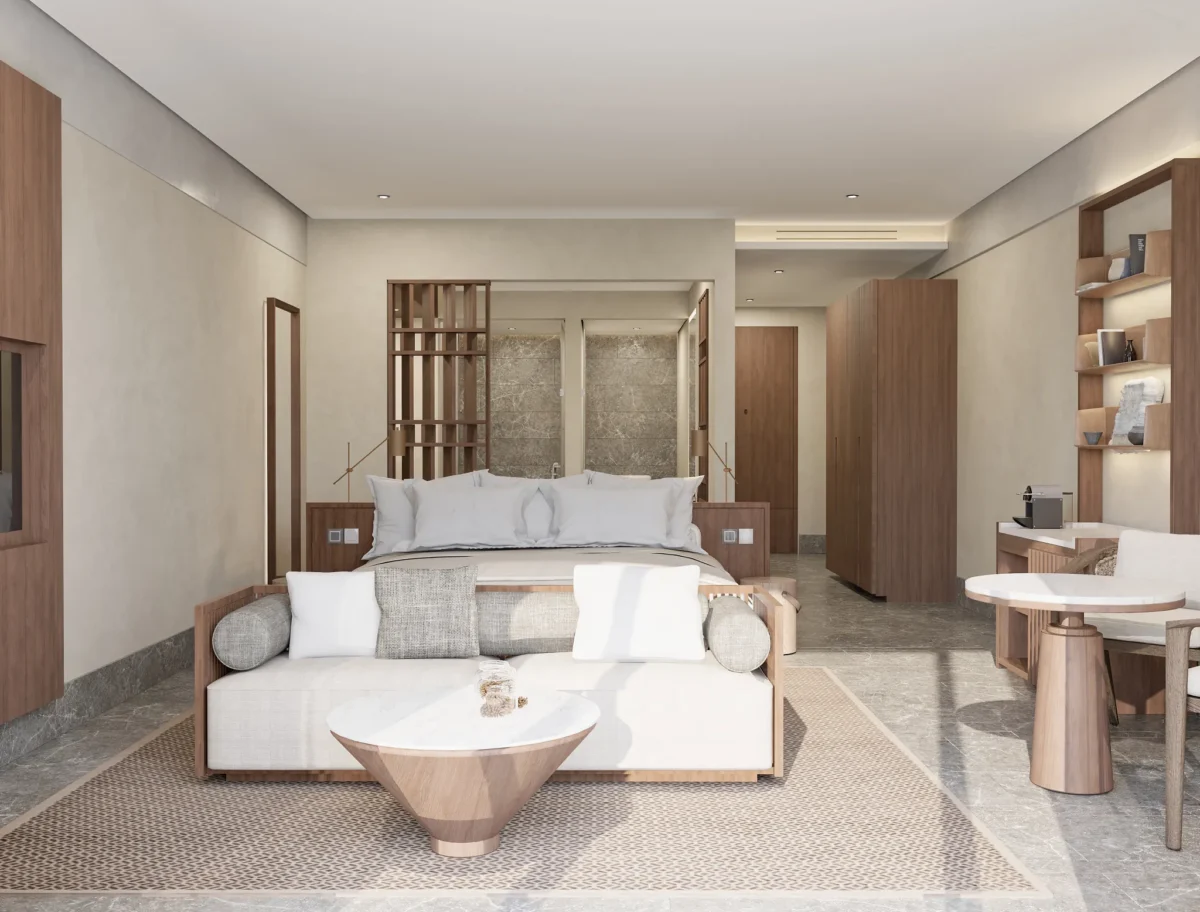 Preferred Club Premium Ocean Front Plunge Pool Terrace suite with king bed and luxury seating area at Secrets Mirabel Cancun Resort & Spa.
