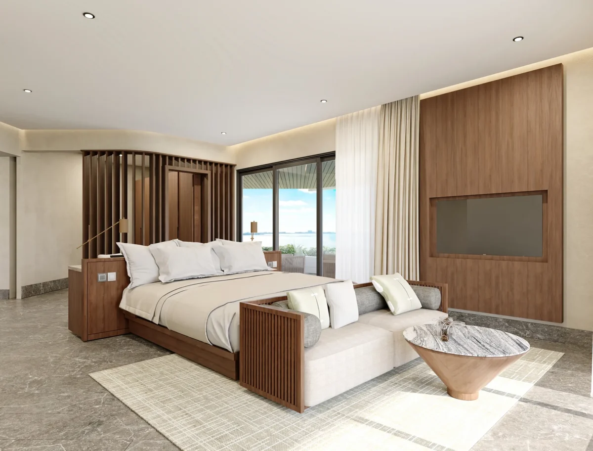 Luxury king bedroom inside the Presidential Suite at Secrets Mirabel Cancun Resort & Spa with oceanfront terrace access.