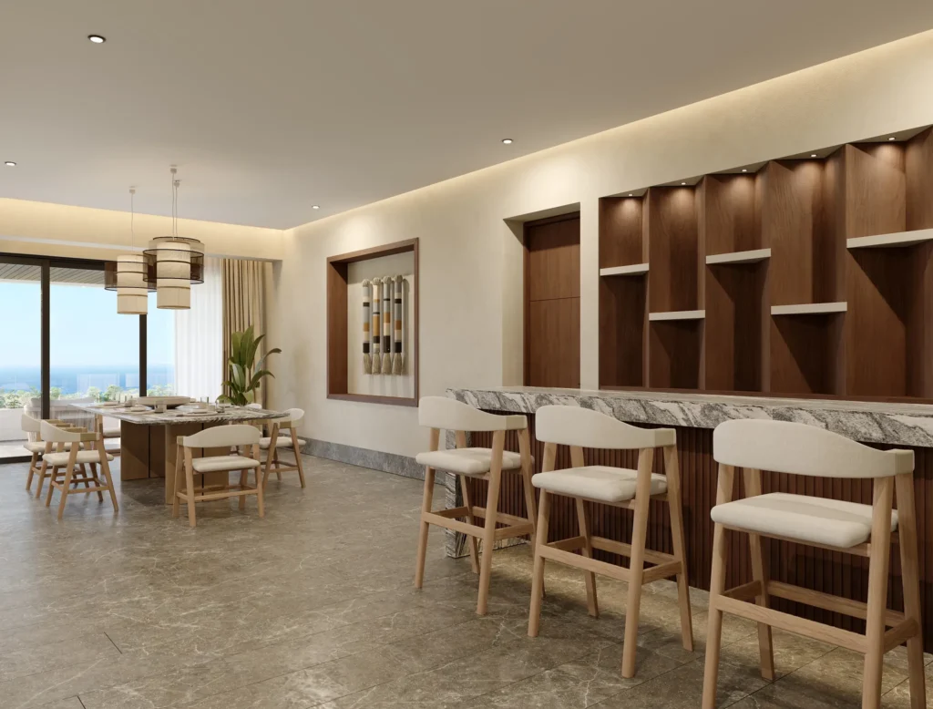 Dining area and kitchenette bar inside the Presidential Suite Two Bedroom at Secrets Mirabel Cancun Resort & Spa.