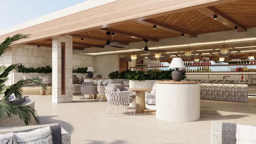 Sky Bar at Secrets Mirabel Cancun Resort & Spa featuring rooftop lounge seating, panoramic ocean views, and handcrafted cocktails at sunset.