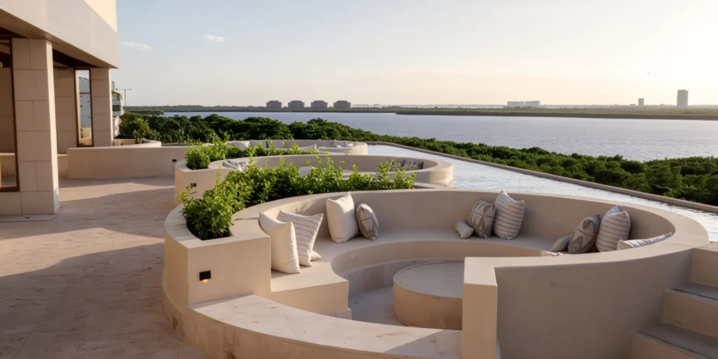 Sky Bar rooftop venue setup for weddings and private events at Secrets Mirabel Cancun Resort & Spa