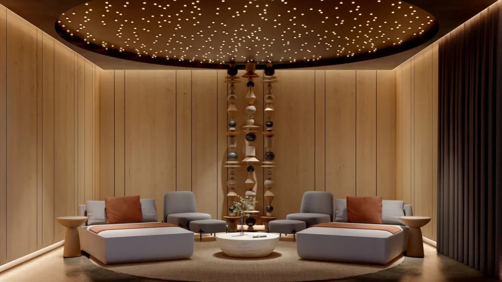 Tranquil spa relaxation lounge with modern seating and ambient lighting at Secrets Mirabel Cancun Resort & Spa.