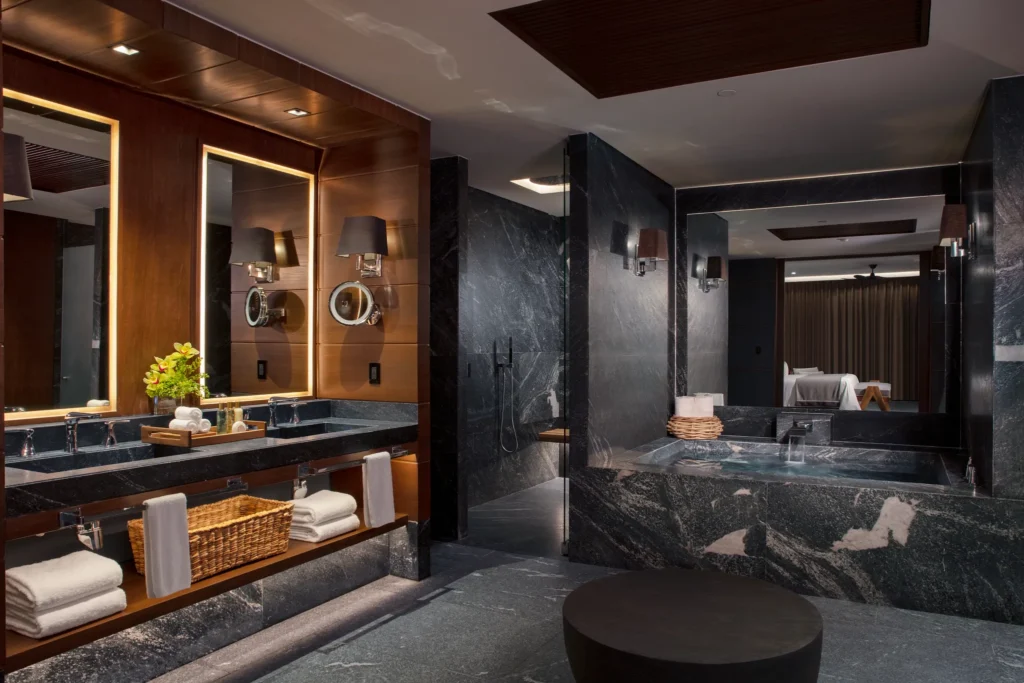 Preferred Club Master Suite Oceanfront bathroom with soaking tub and walk-in shower at Secrets Moxché Playa del Carmen.