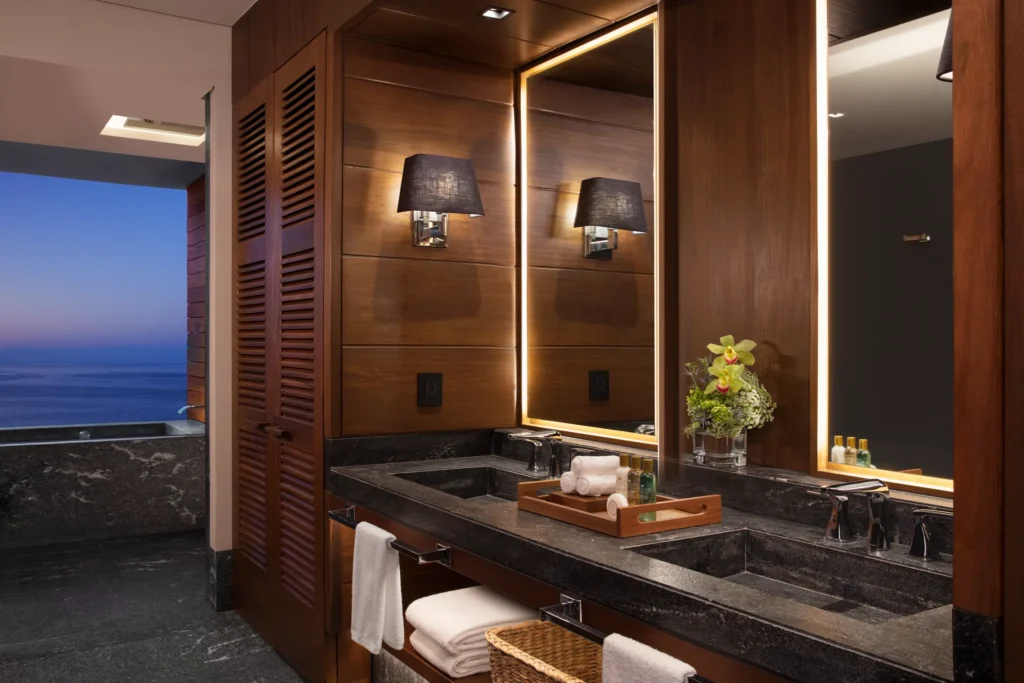 Preferred Club Superior Junior Suite Ocean View bathroom with double vanity at Secrets Moxché Playa del Carmen.