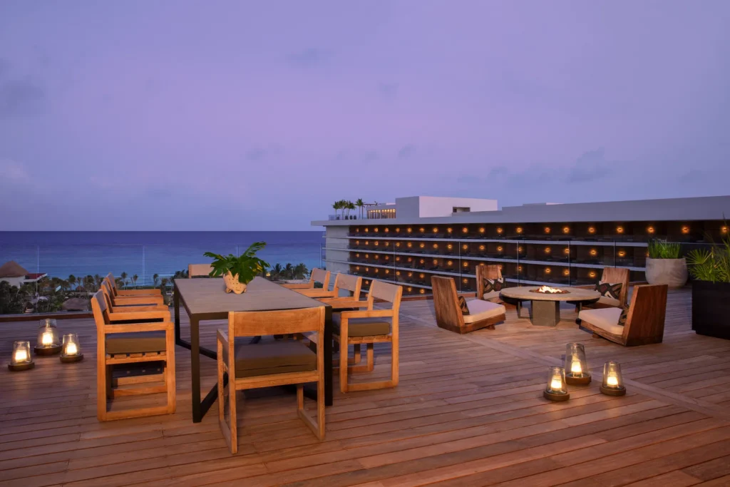 Stellar Presidential Penthouse Ocean View terrace with fire pit and ocean views at Secrets Moxché Playa del Carmen.