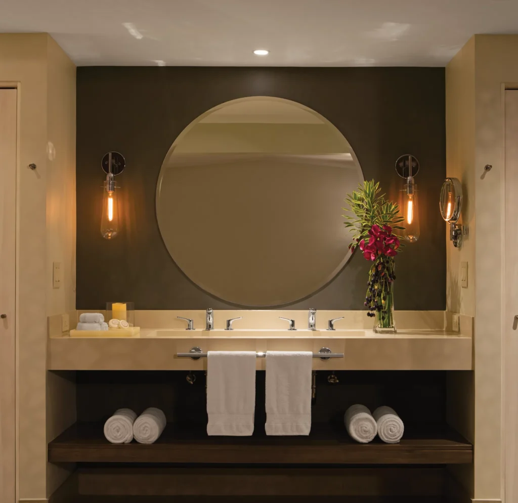 Preferred Club Bungalow Suite Ocean Front bathroom with double vanity and modern lighting at Secrets Papagayo Costa Rica.