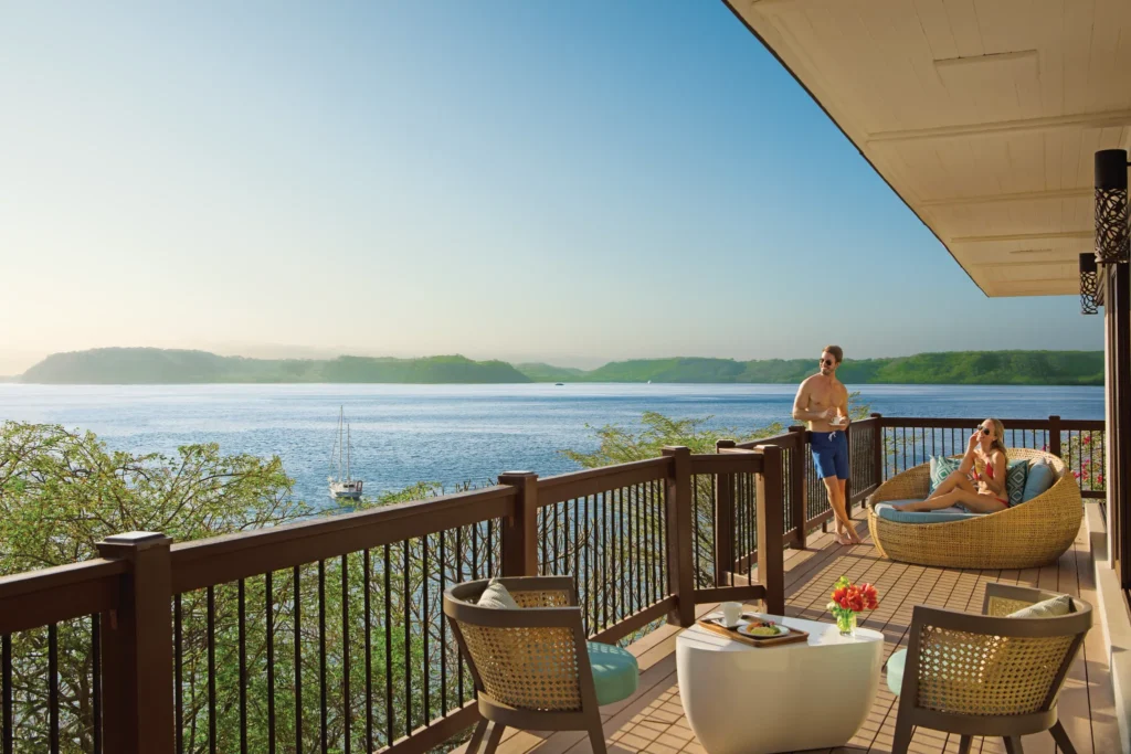 Preferred Club Honeymoon Suite private terrace with seating and ocean view at Secrets Papagayo Costa Rica.