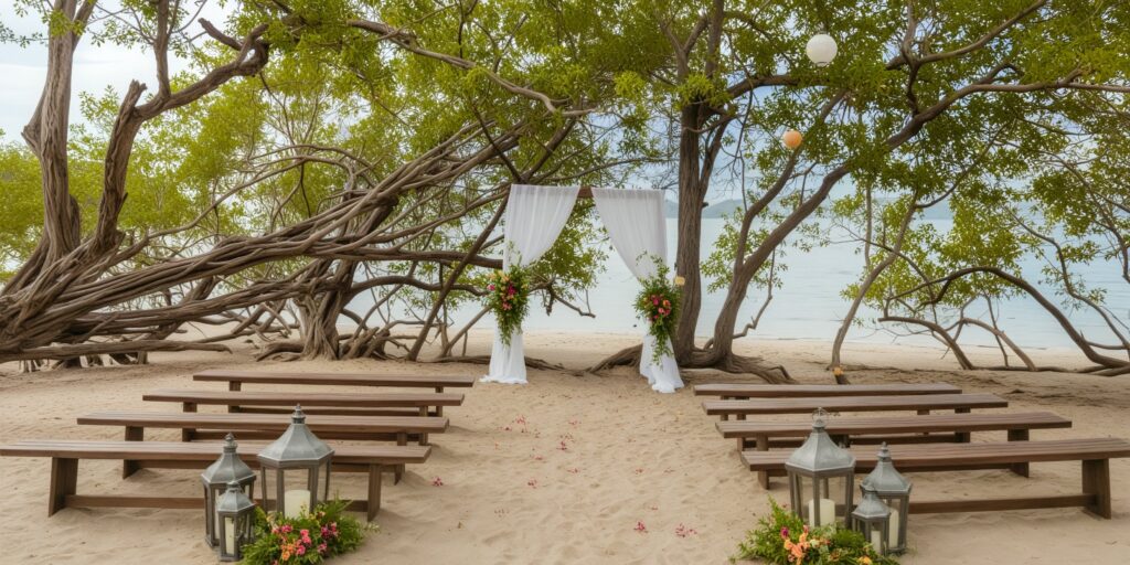 Spa Beach wedding ceremony setup with wooden benches and ocean view at Secrets Papagayo