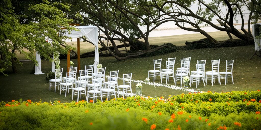 Spa Garden outdoor wedding ceremony setup with white chairs and ocean backdrop at Secrets Papagayo