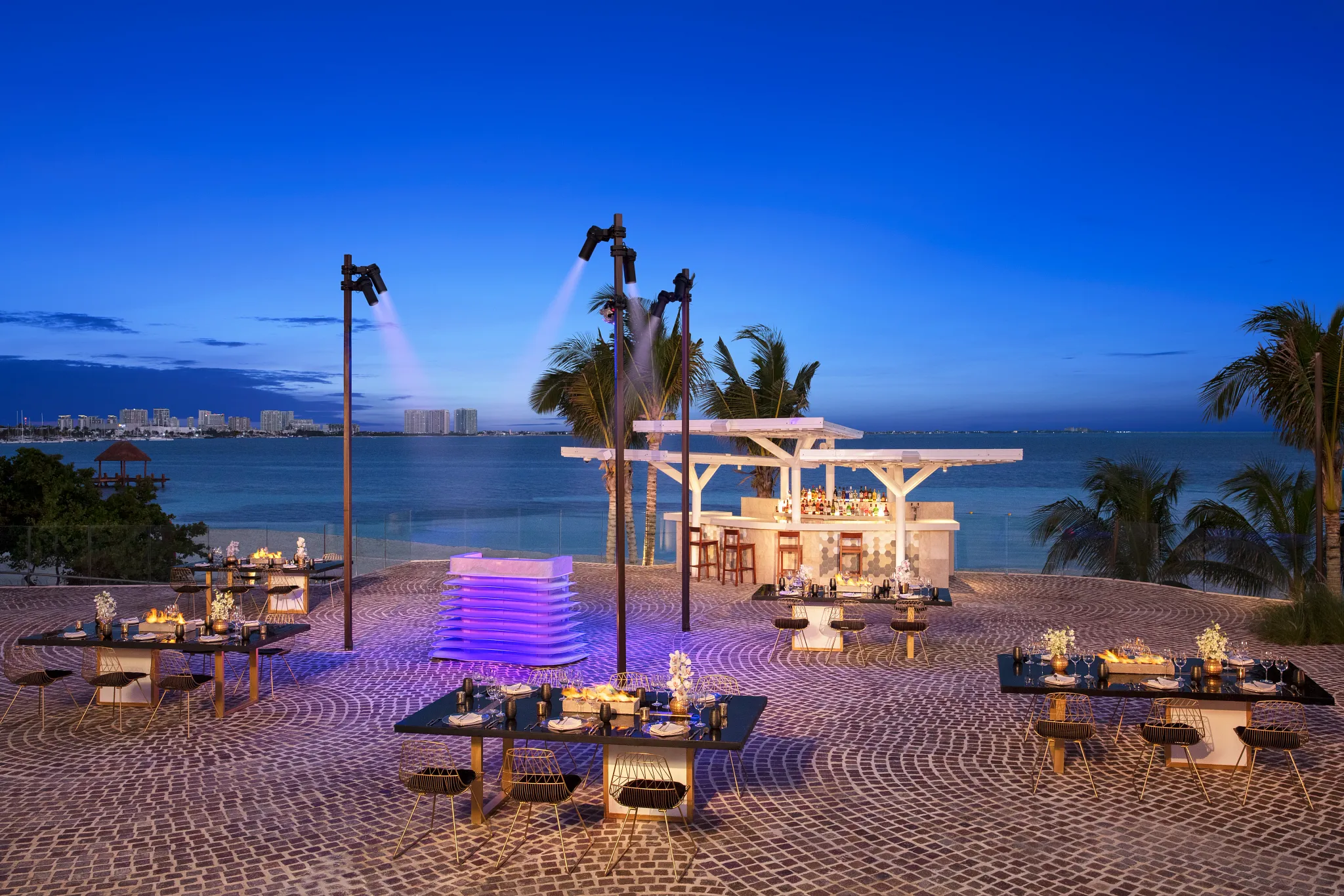 Firepit Plaza banquet setup for evening events at Breathless Cancun Soul