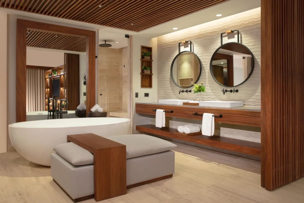 Luxury bathroom with freestanding tub and double vanity in Preferred Club Master Suite Swim Out Ocean Front.