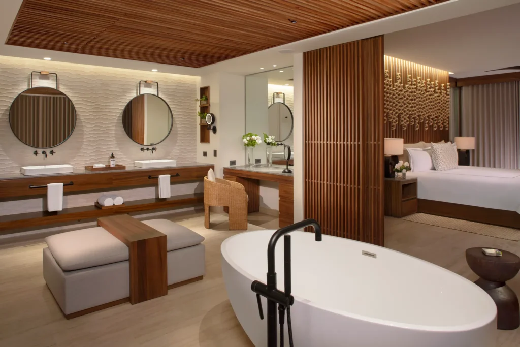 Presidential Suite bathroom with double vanity and modern finishes at Secrets Playa Blanca Costa Mujeres.