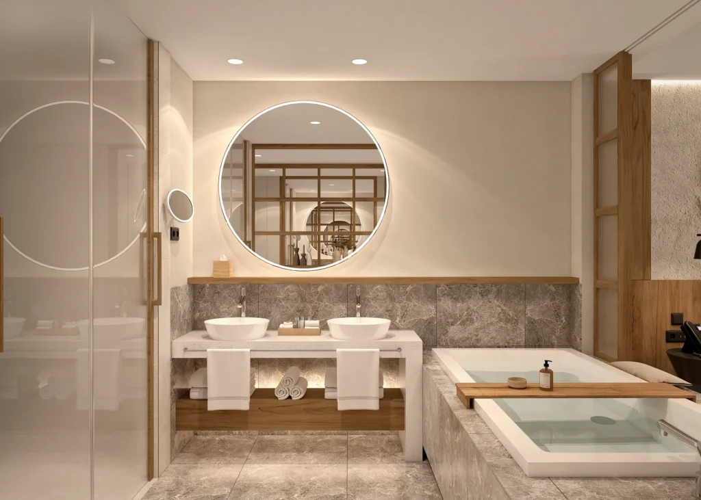 Junior Suite Partial Ocean View bathroom with double sinks and soaking tub at Secrets Playa Esmeralda Resort & Spa.