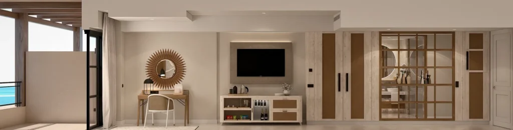 Junior Suite Swim Out interior with minibar, workspace, and terrace access at Secrets Playa Esmeralda Resort & Spa.