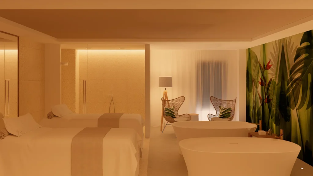 Luxury spa room with soaking tubs and massage tables at Secrets Playa Esmeralda Resort & Spa.