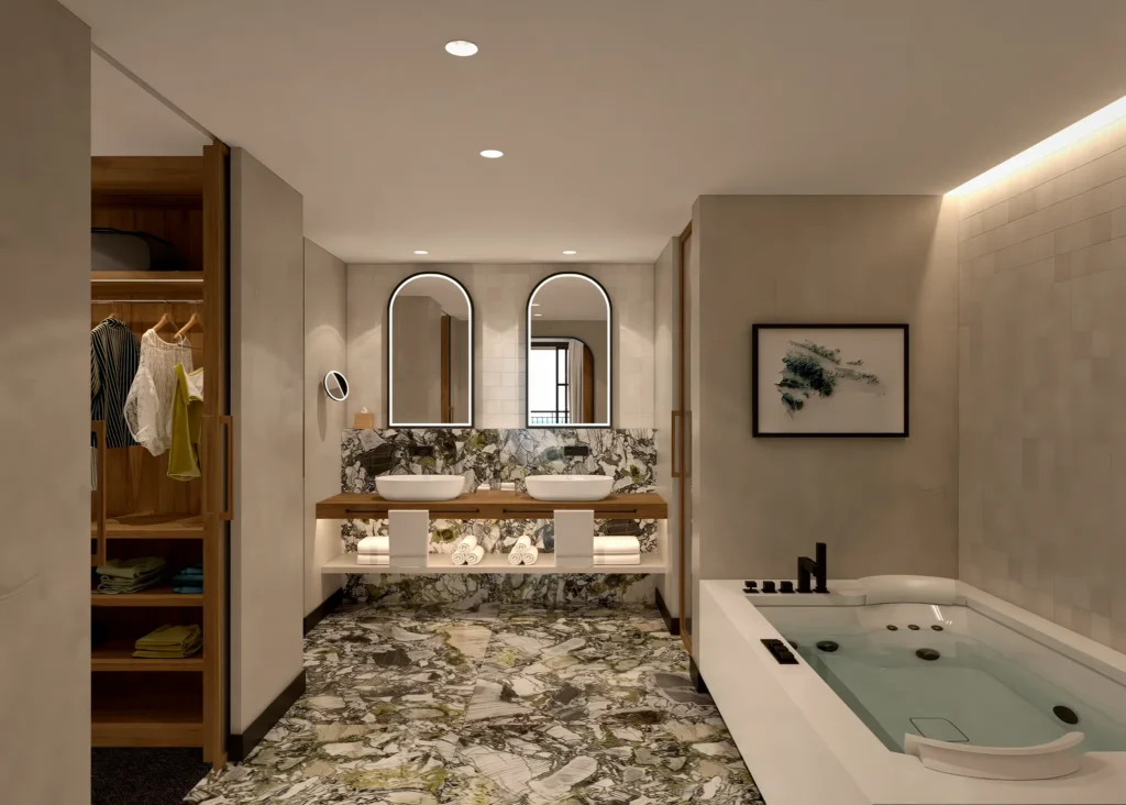 Presidential Suite bathroom with double sinks and marble finishes at Secrets Playa Esmeralda.
