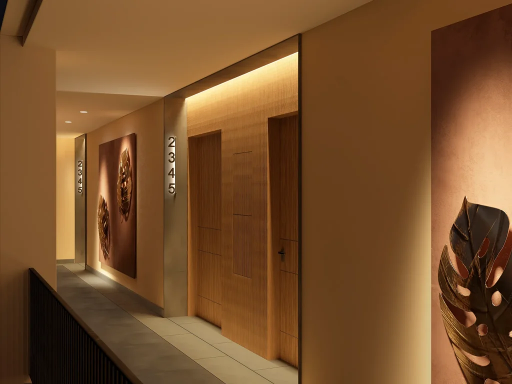 Presidential Suite corridor with modern lighting and room numbers at Secrets Playa Esmeralda Resort.