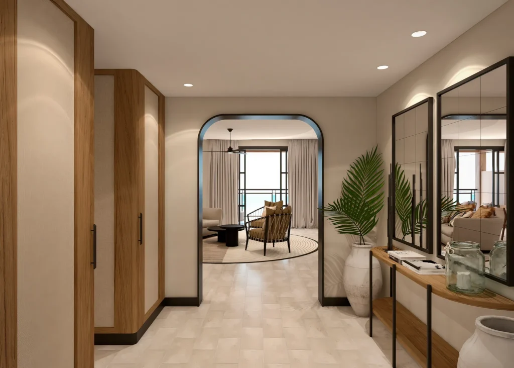 Preferred Club Presidential Suite entrance hallway with wood accents and modern archway at Secrets Playa Esmeralda Resort.
