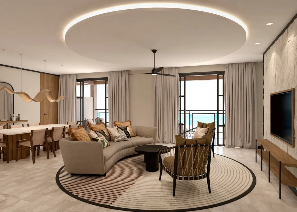 Unwind in a spacious living area with stunning ocean views.