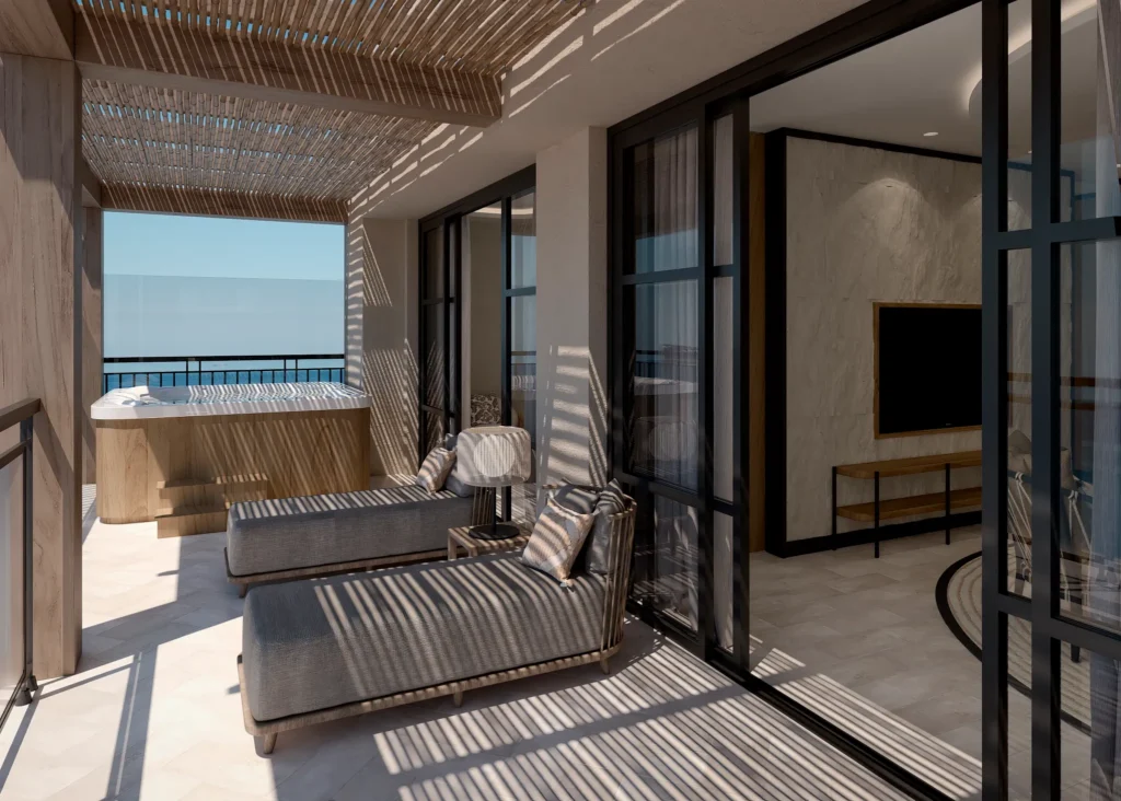 Presidential Suite private terrace with hot tub and ocean view at Secrets Playa Esmeralda Resort.