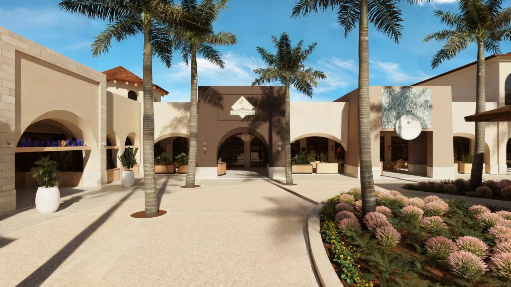 Entrance to resort restaurants including Market Café and specialty dining at Secrets Playa Esmeralda Resort & Spa.