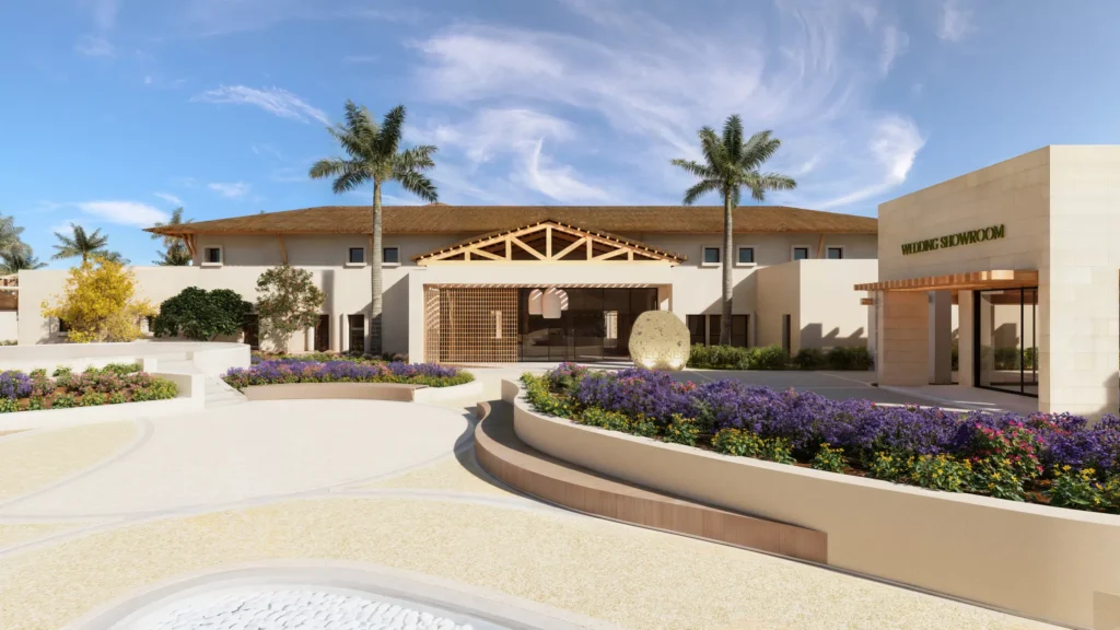 Spa entrance and wedding showroom surrounded by tropical landscaping at Secrets Playa Esmeralda Resort & Spa.