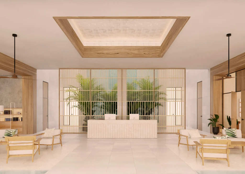 Elegant spa lobby entrance with natural wood accents at Secrets Playa Esmeralda Resort & Spa.