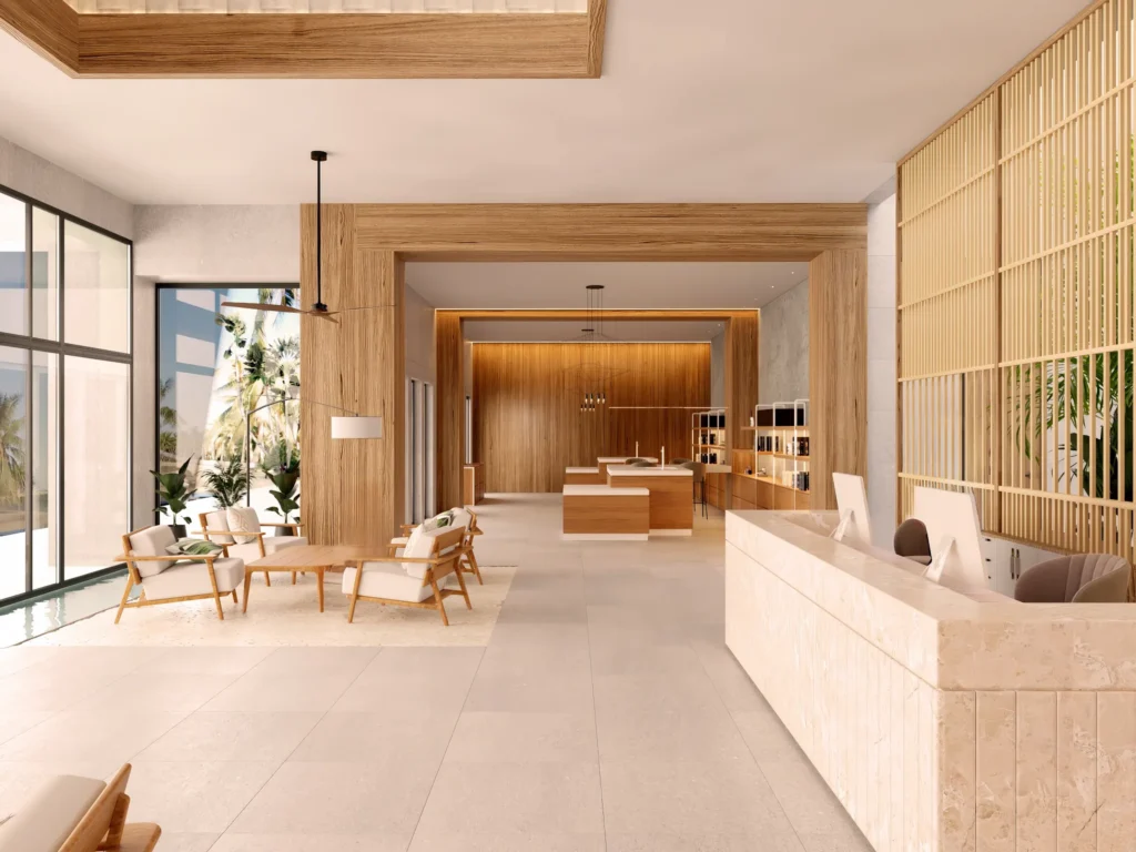 Spacious spa reception area with minimalist tropical decor at Secrets Playa Esmeralda Resort & Spa.