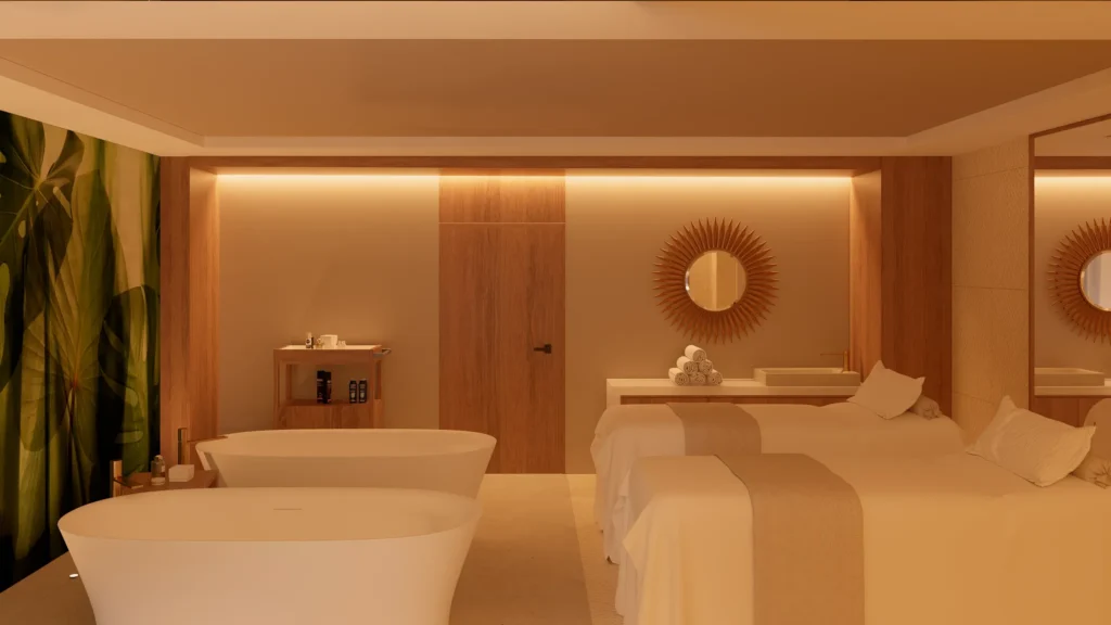 Spa treatment room with massage beds and ambient lighting at Secrets Playa Esmeralda Resort & Spa.