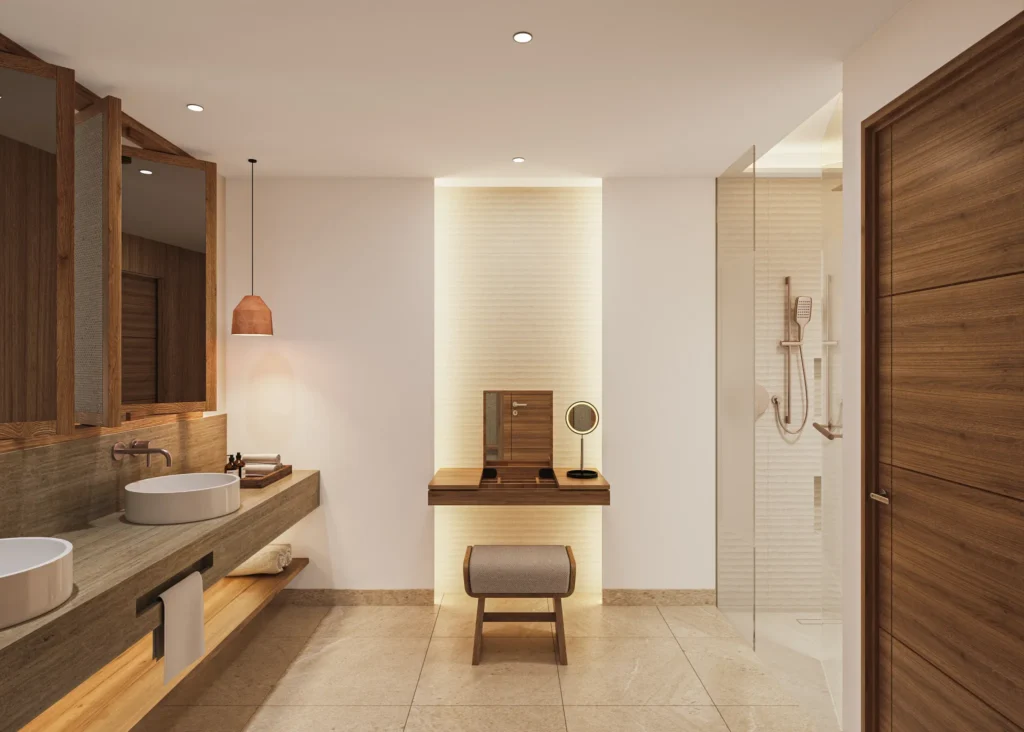 Preferred Club Junior Suite Ocean View bathroom with rain shower and modern finishes at Secrets Playa Mujeres Golf & Spa Resort.