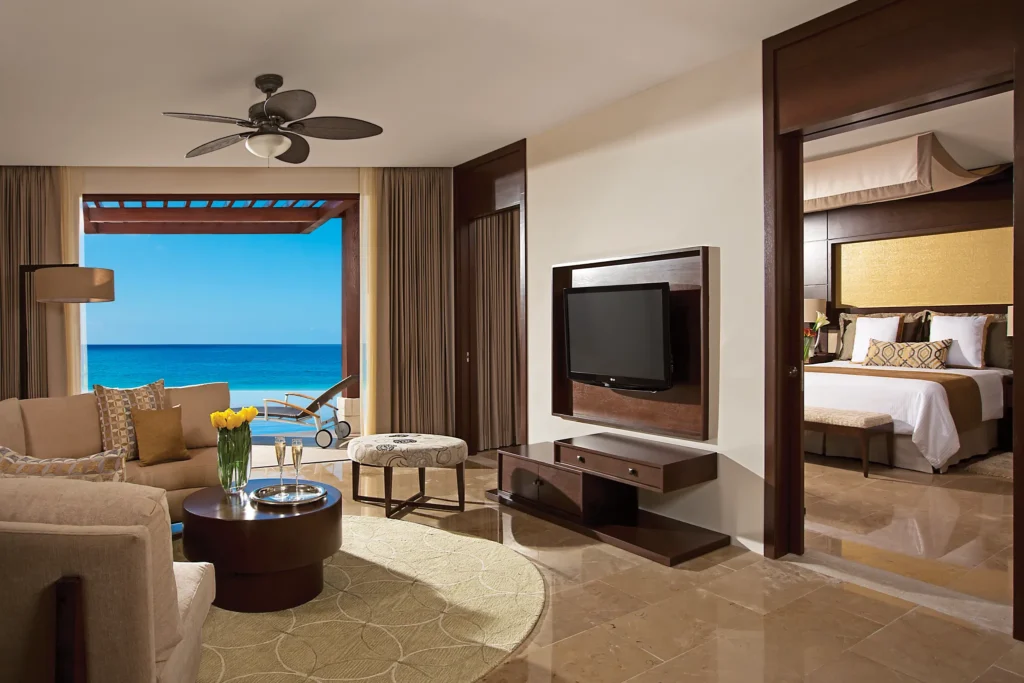 Preferred Club Master Suite Ocean Front Private Pool terrace with oversized private pool at Secrets Playa Mujeres Golf & Spa Resort.