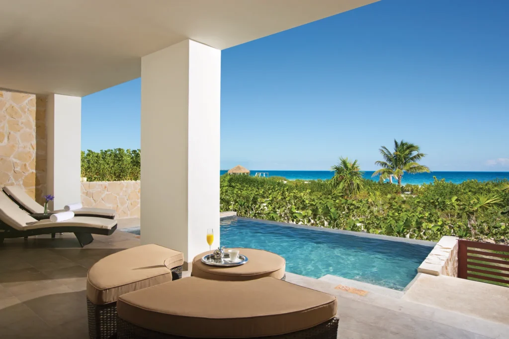 Preferred Club Master Suite Ocean Front Private Pool terrace with ocean views at Secrets Playa Mujeres Golf & Spa Resort.