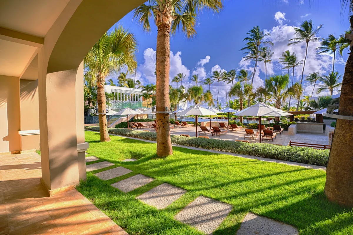 Preferred Club Master Suite Tropical View terrace overlooking tropical gardens at Secrets Royal Beach Punta Cana.