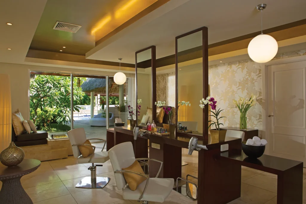 Elegant beauty salon and styling area at Secrets Royal Beach Punta Cana spa.