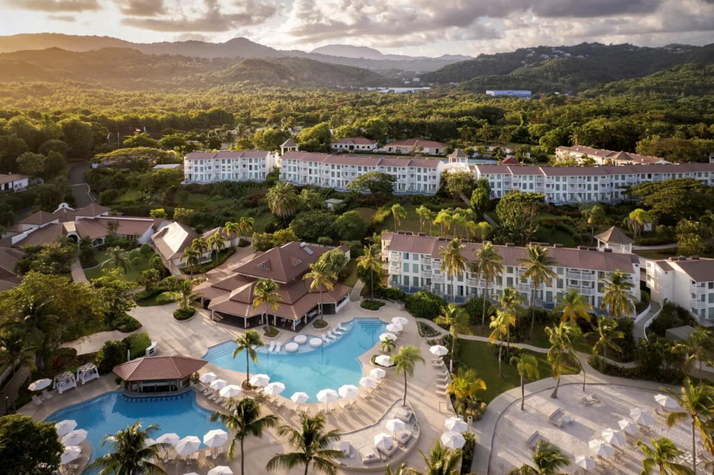 Aerial view of resort pools and landscaped grounds at Secrets St. Lucia Resort & Spa.
